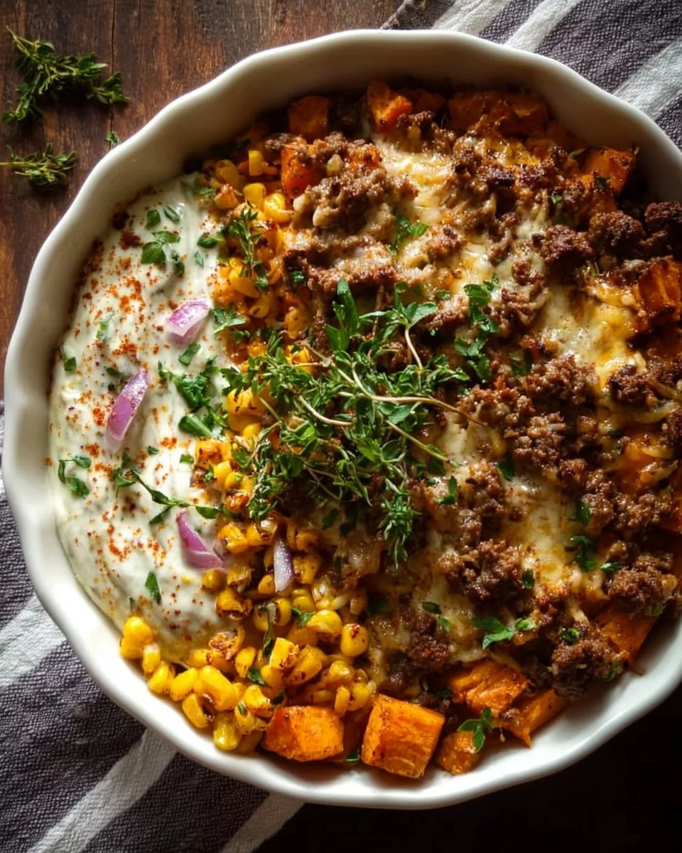 Sweet Potato and Ground Beef Casserole topped with Creamy Corn Dip