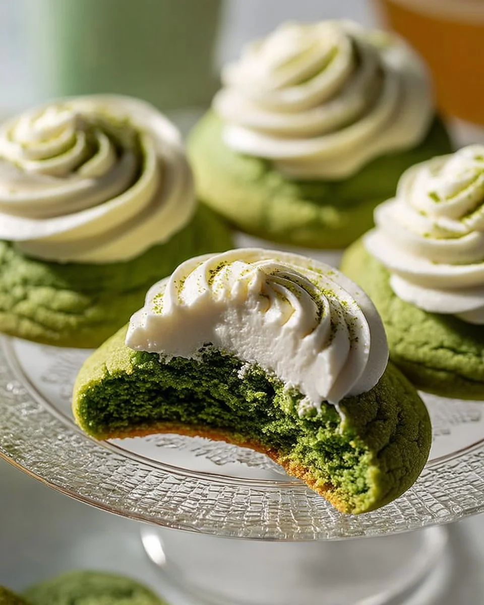 Freshly baked matcha latte cookies on a wooden table