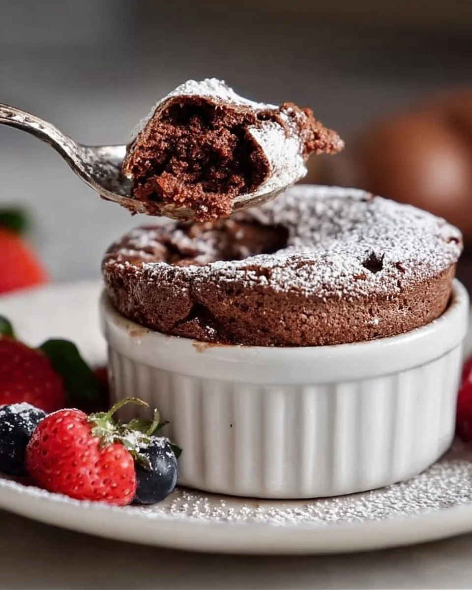 Delicious homemade chocolate soufflé served with a dusting of powdered sugar.