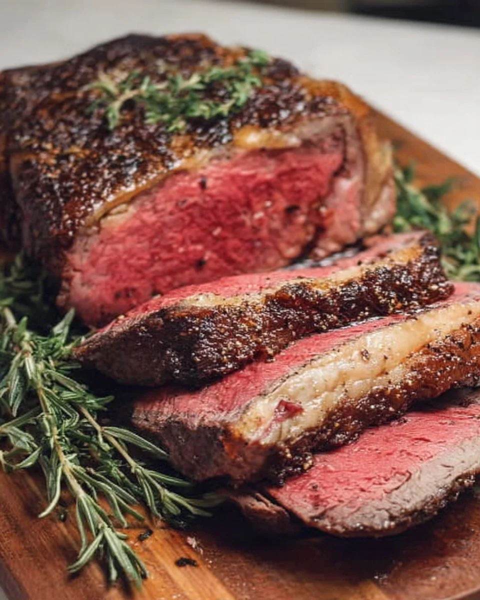 Perfectly cooked New York Strip roast on a wooden cutting board with herbs