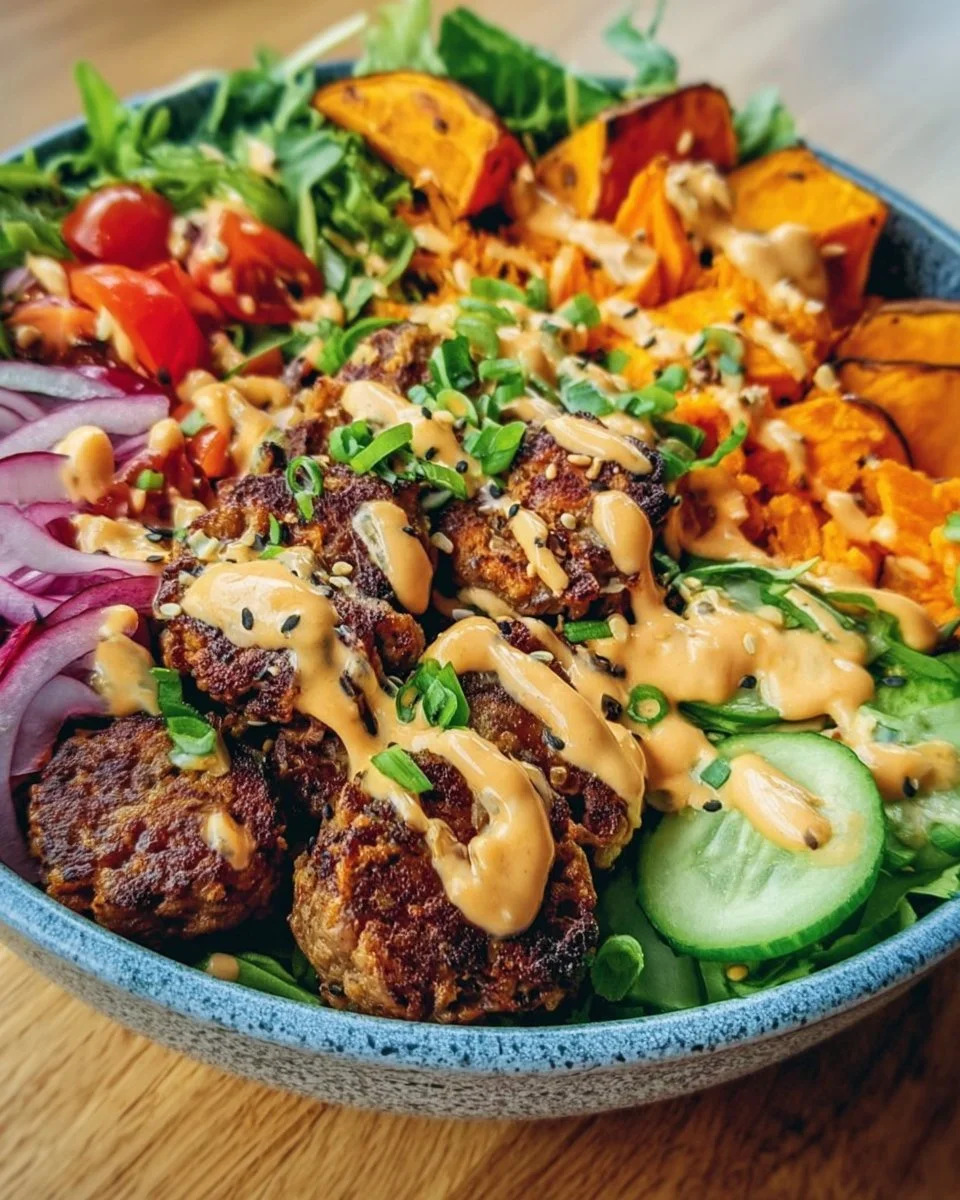 Delicious sweet potato burger bowl with colorful vegetables and toppings