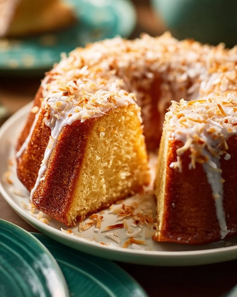 Delicious tropical coconut bundt cake with frosting and toasted coconut flakes