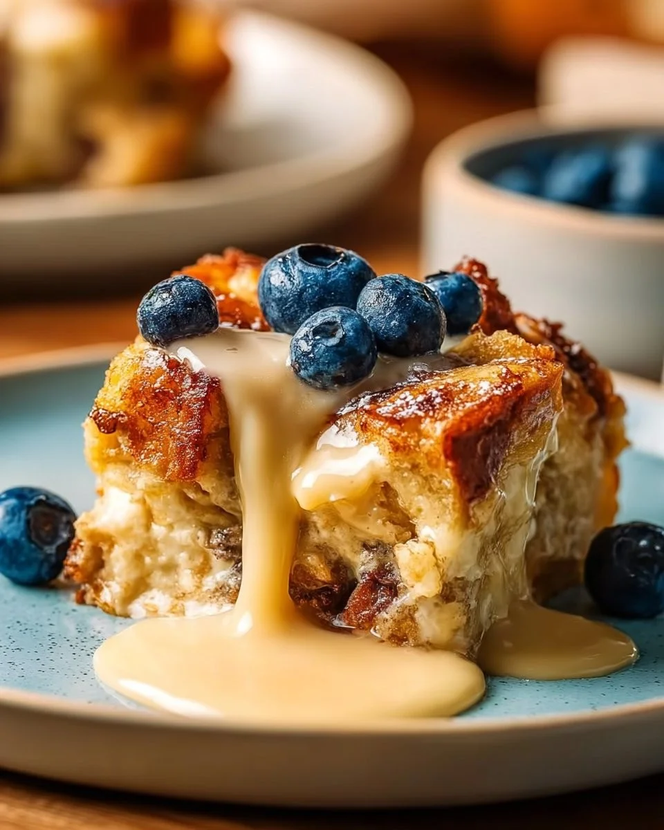 Vanilla croissant bread pudding topped with cream and berries.