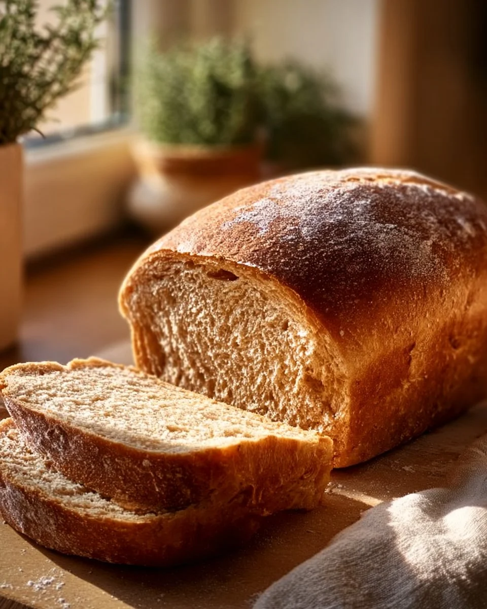 Loaf of freshly baked whole wheat bread on a wooden table.