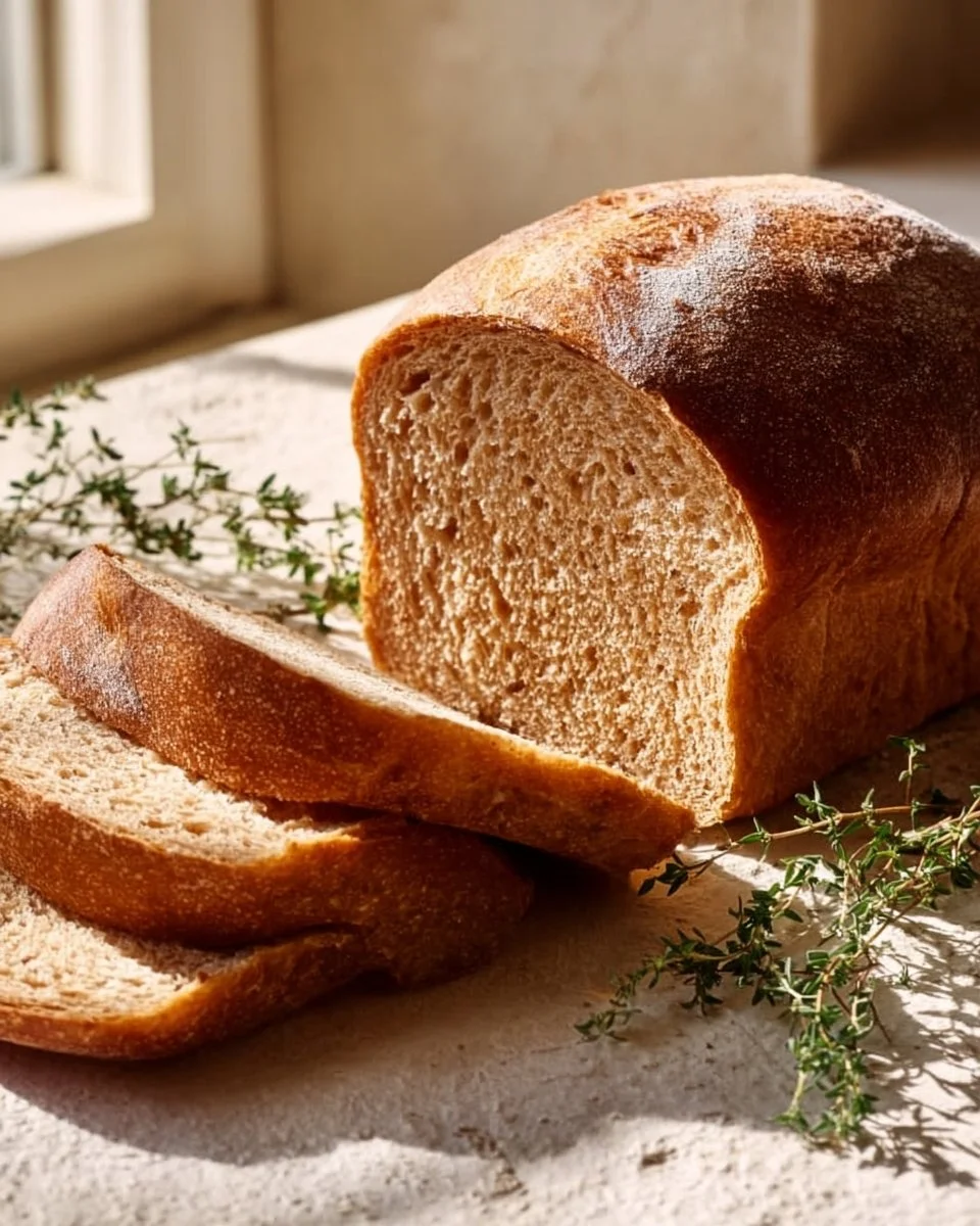 Sliced whole wheat bread on a wooden cutting board