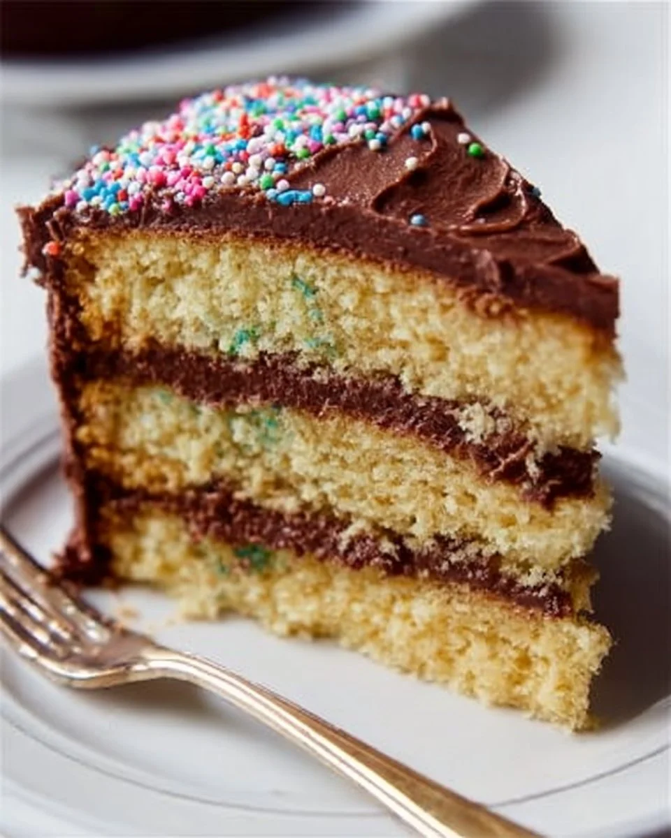 Slice of yellow cake with chocolate buttercream frosting on a plate