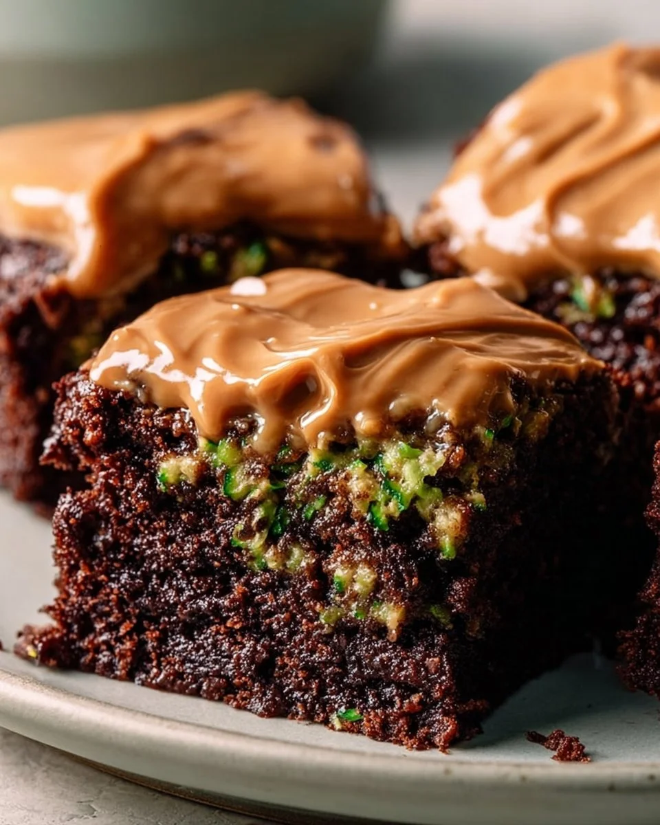 Zucchini Brownies with Peanut Butter Frosting 1 Delicious zucchini brownies drizzled with peanut butter frosting on a plate.