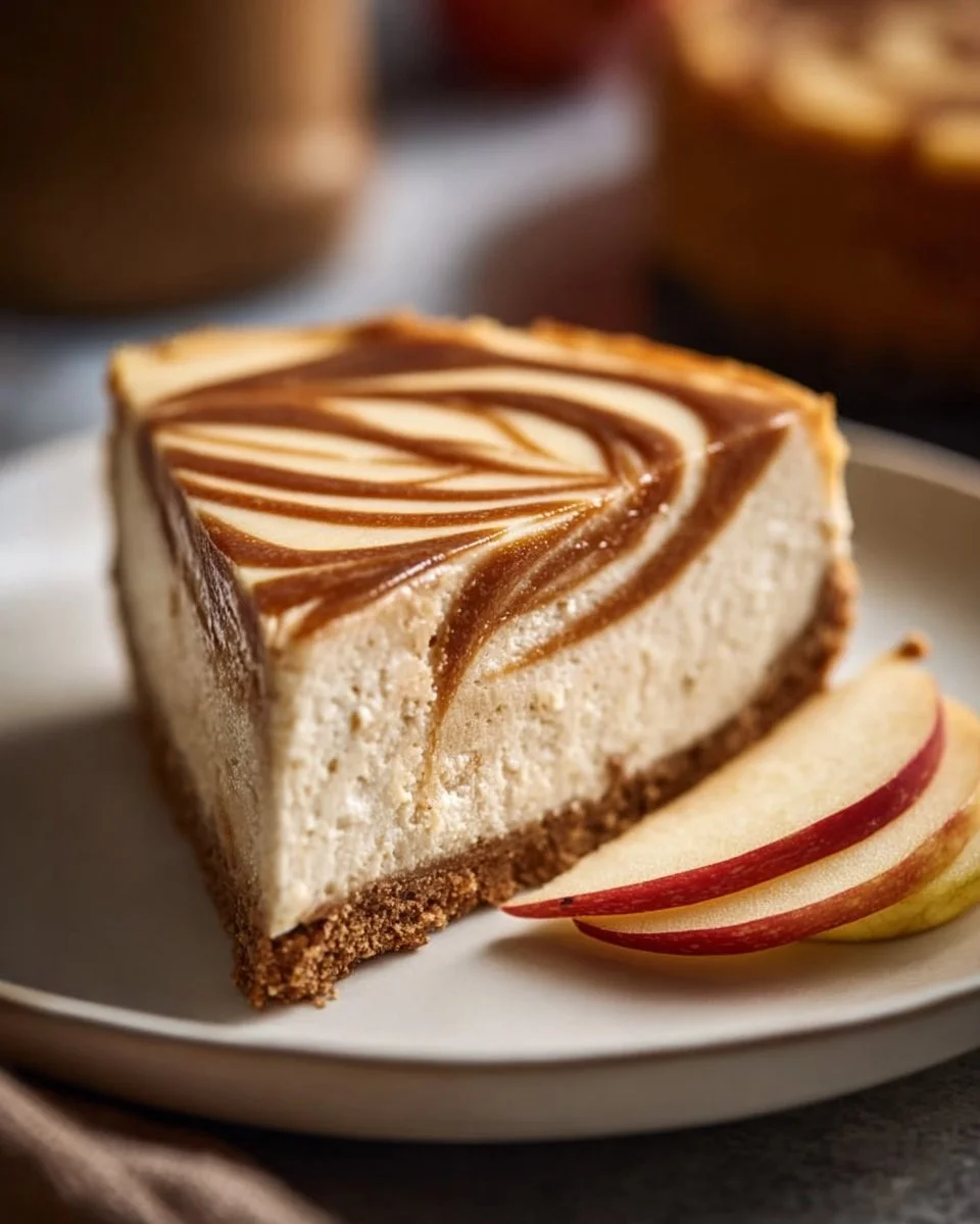 Slice of delicious homemade Apple Butter Cheesecake topped with apple slices