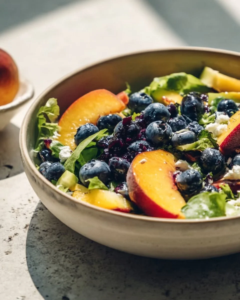 Delicious Blueberry Peach Feta Salad with fresh ingredients and vibrant colors.