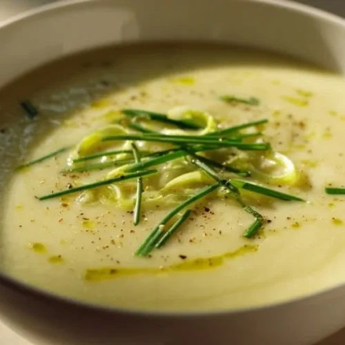Creamy Garlic Potato and Leek Soup 2 Creamy garlic potato and leek soup in a bowl garnished with fresh herbs