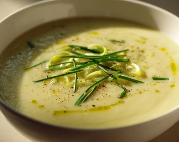 Creamy garlic potato and leek soup in a bowl garnished with fresh herbs