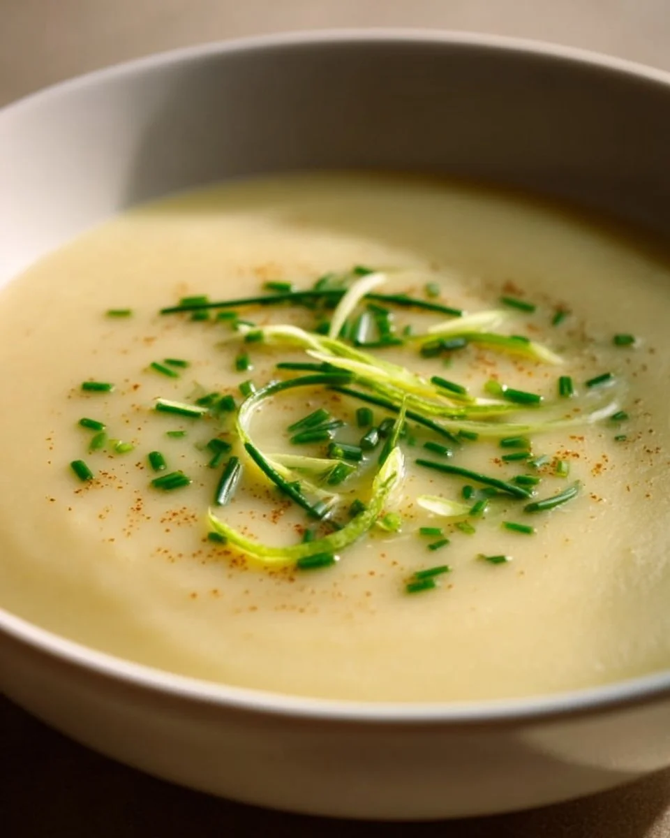 Bowl of creamy garlic potato leek soup garnished with fresh herbs.