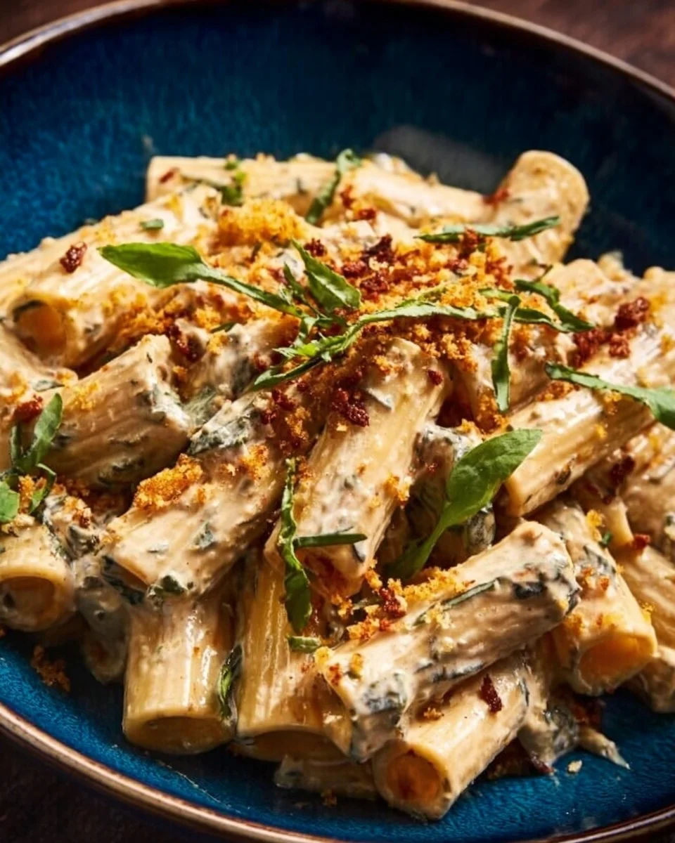 Creamy Lemon Basil and Asparagus Ricotta Pasta with Spicy Breadcrumbs 1 Creamy lemon basil pasta with asparagus and spicy breadcrumbs in a bowl.