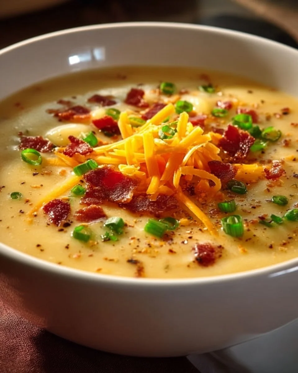 Creamy potato beef bacon soup served in a bowl with fresh herbs