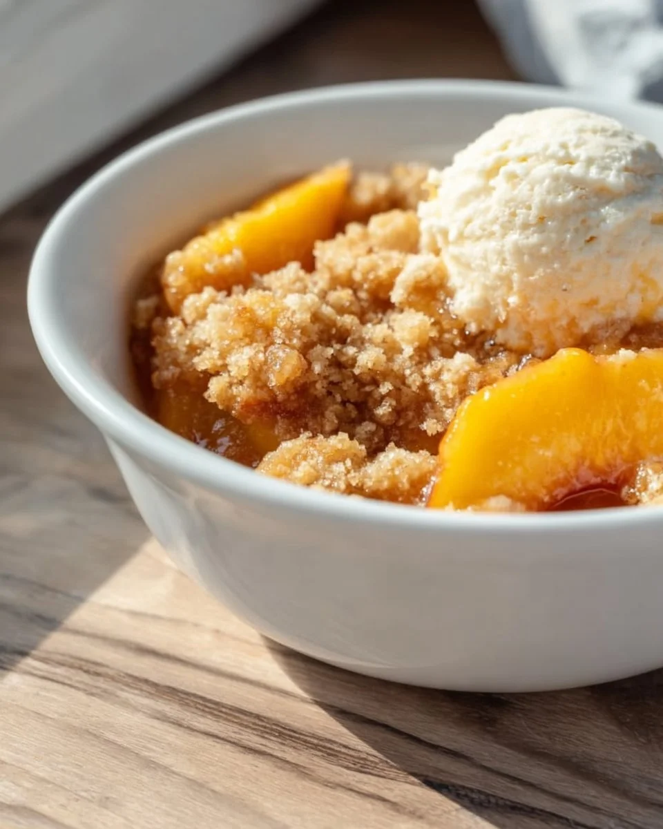 Delicious crockpot peach cobbler topped with vanilla ice cream