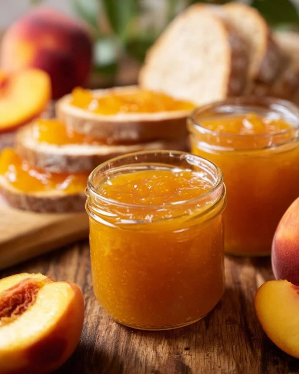 Easy Peach Butter 1 Jar of homemade easy peach butter spread on bread
