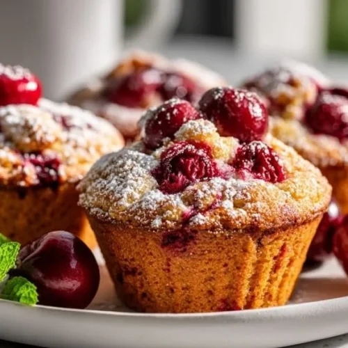 Gluten-Free Cherry Cobbler Muffins 2 Gluten-free cherry cobbler muffins topped with fresh cherries and a crumbly topping.