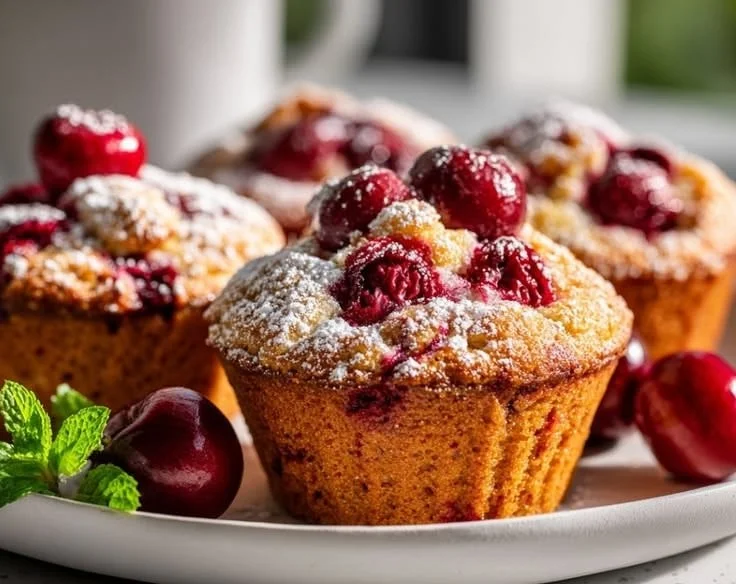 Gluten-free cherry cobbler muffins topped with fresh cherries and a crumbly topping.
