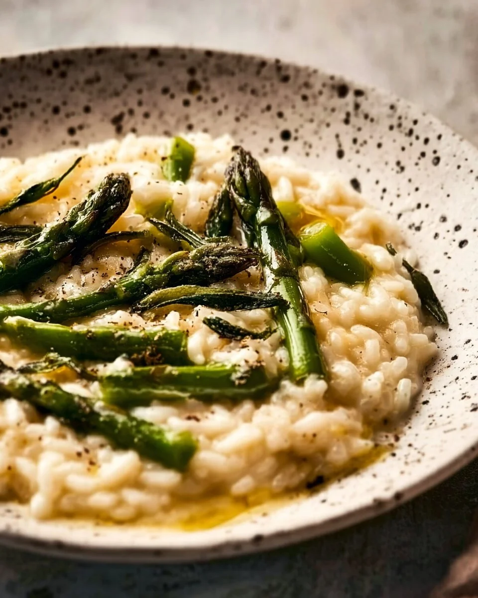 No Stir Brie Risotto with Lemon Butter Asparagus dish