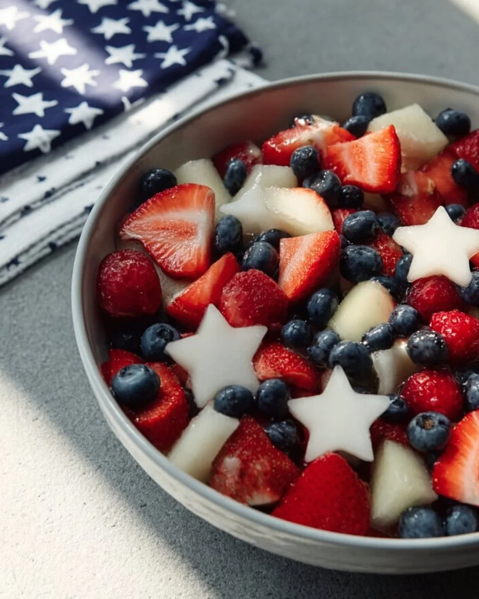 Colorful Red White Blue Fruit Salad with fresh fruits for a patriotic dessert.