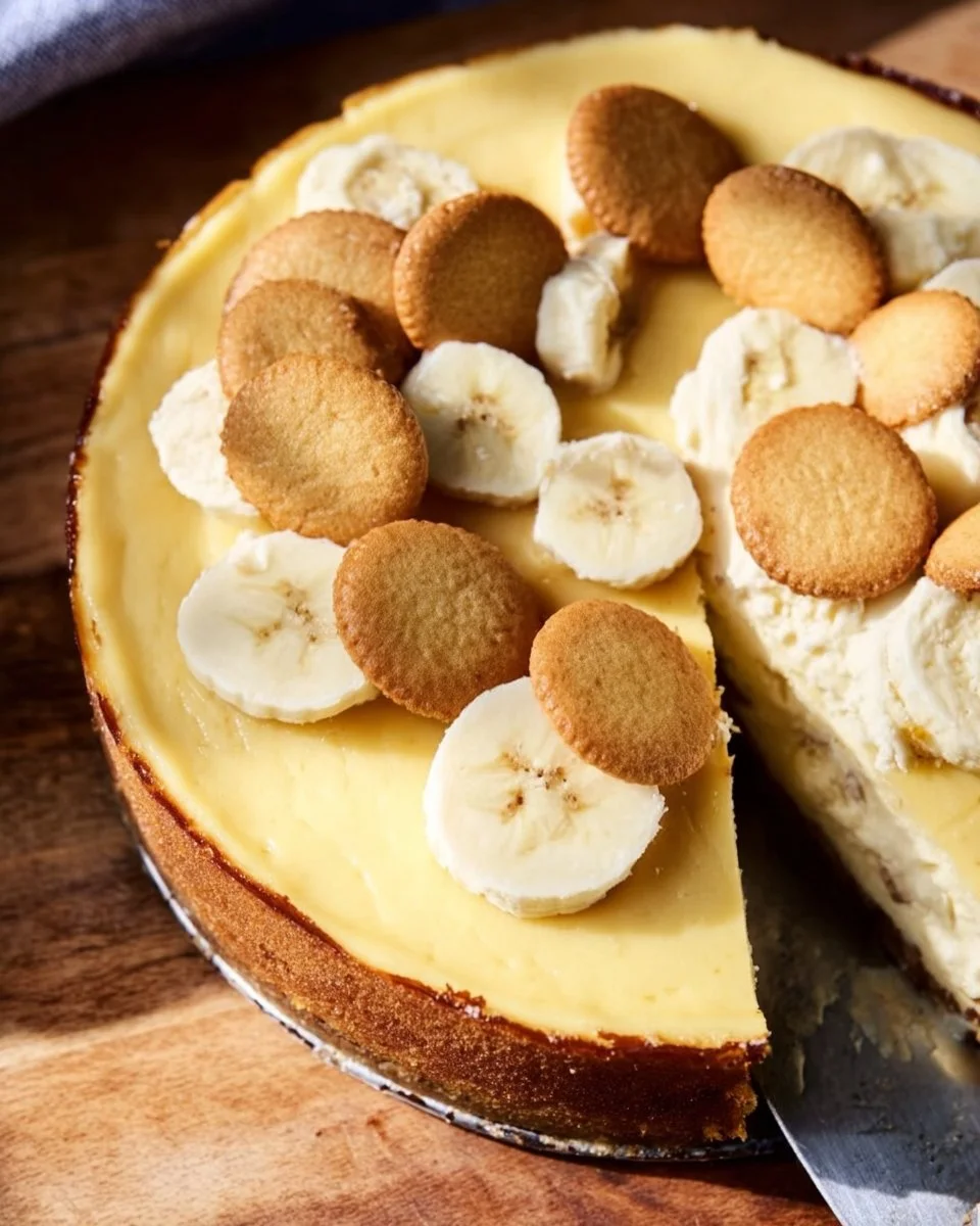 Delicious banana pudding cheesecake topped with fresh bananas and whipped cream