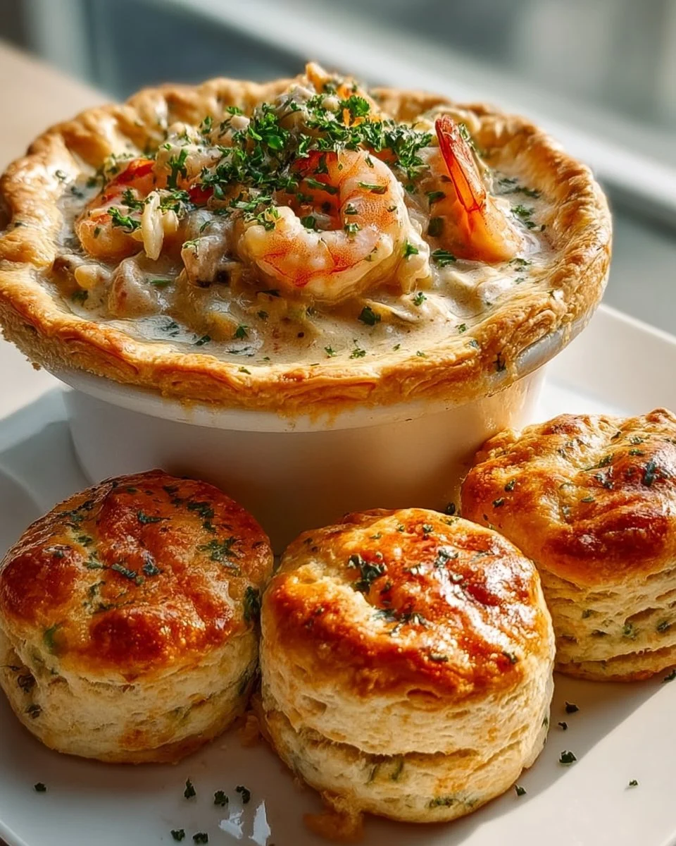 Deliciously baked Seafood Pot Pie with flaky crust and fresh seafood filling