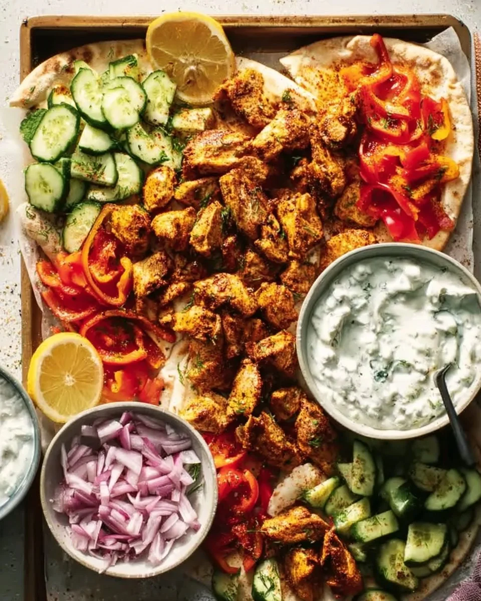 Delicious sheet pan chicken pitas served with fresh vegetables