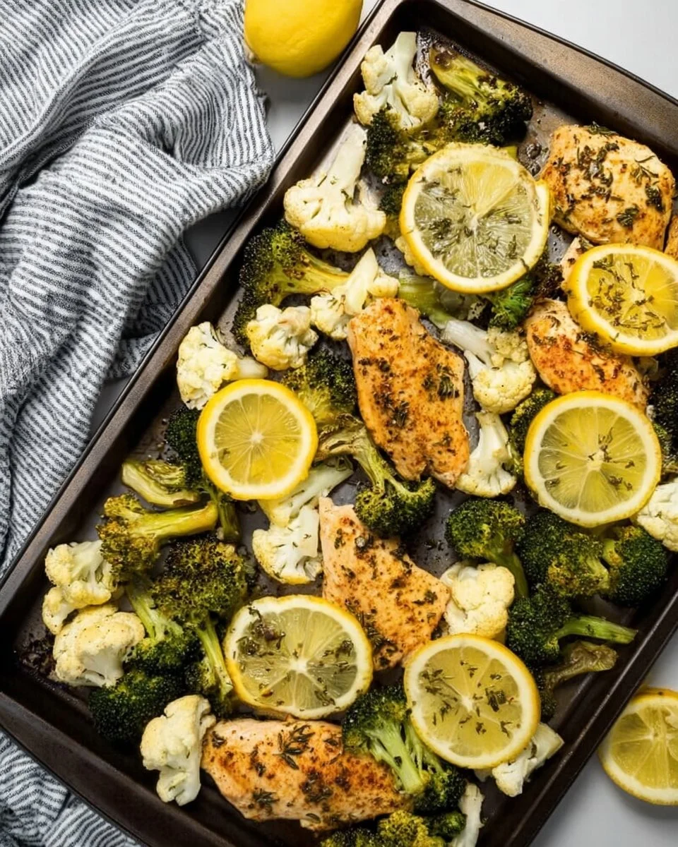 Sheet pan lemon chicken with colorful vegetables ready for a healthy meal