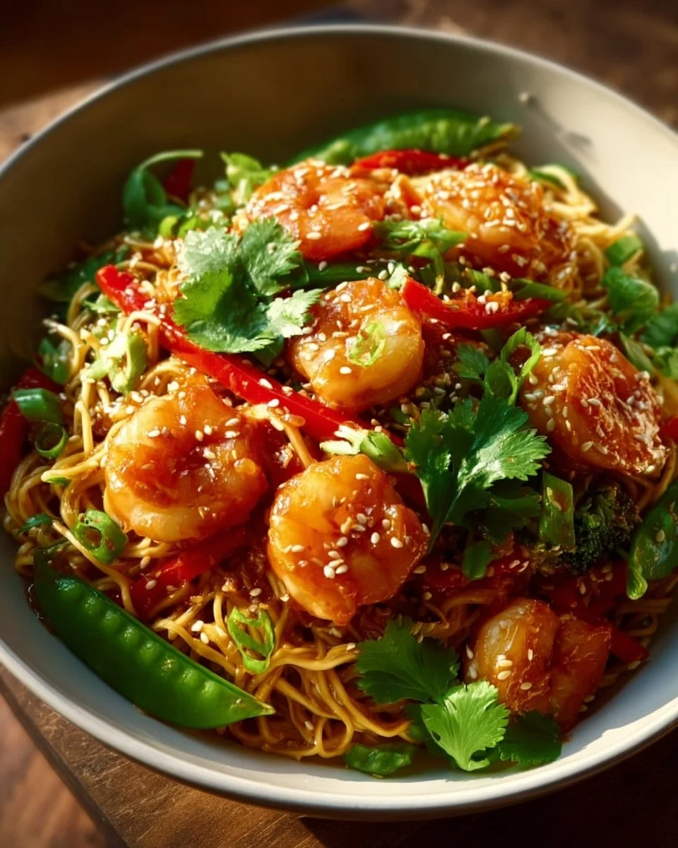 Spicy Sriracha shrimp noodle bowl garnished with vegetables and herbs.