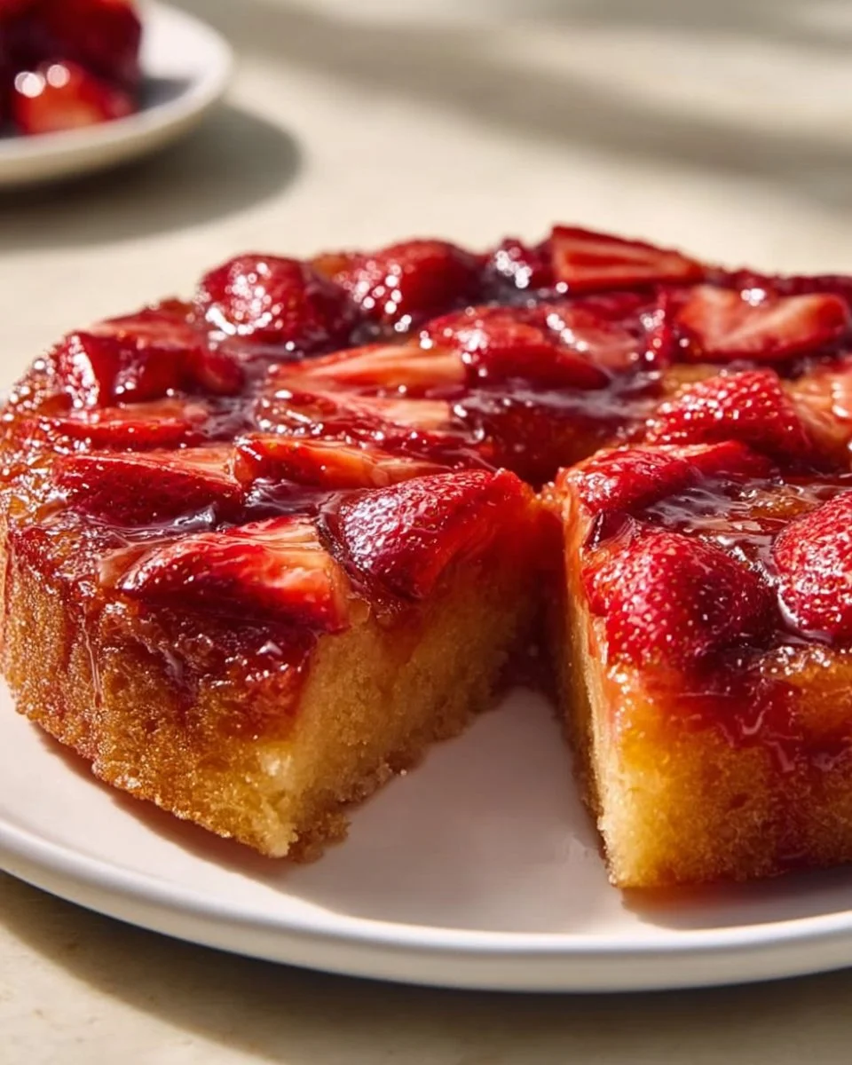 Delicious strawberry upside down cake with fresh strawberries and caramelized topping