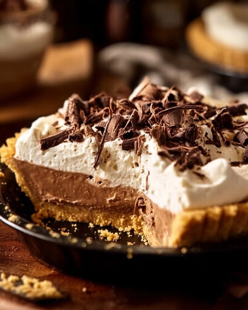 Slice of Vintage Chocolate Peanut Butter Pie topped with chocolate drizzle