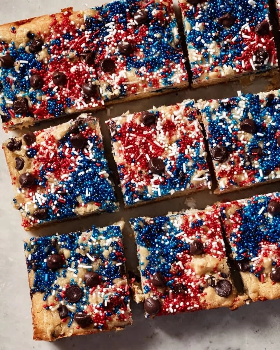 Delicious 4th of July cookie bars with red, white, and blue toppings