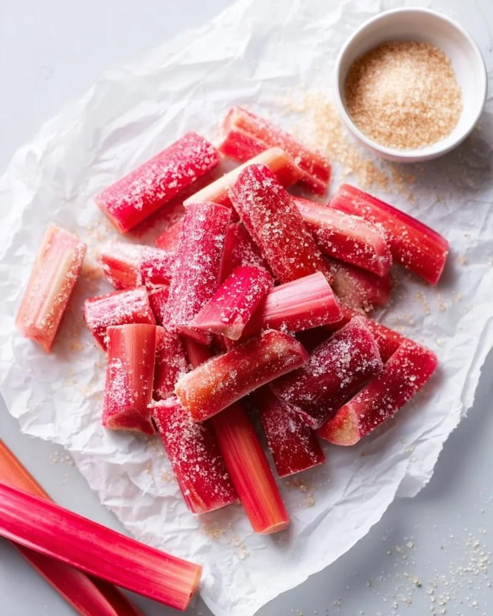 Candied Rhubarb 1 Delicious homemade candied rhubarb on a plate.