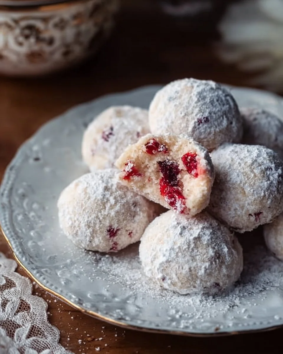Delicious Cherry Almond Snowball Cookies dusted with powdered sugar on a plate.