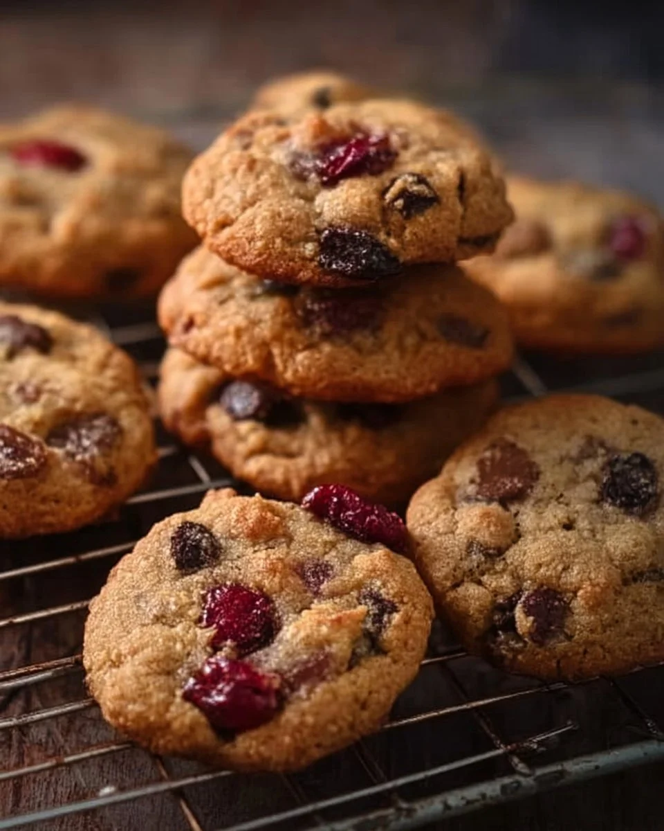 Freshly baked cherry chocolate chip cookies on a cooling rack.