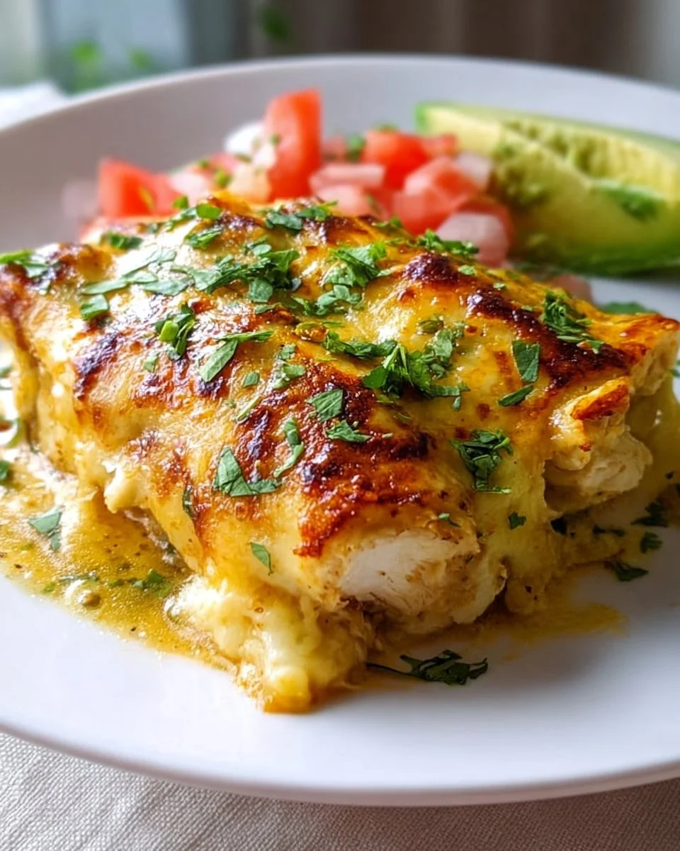 Delicious Chicken Enchilada Bake served in a dish with melted cheese on top.