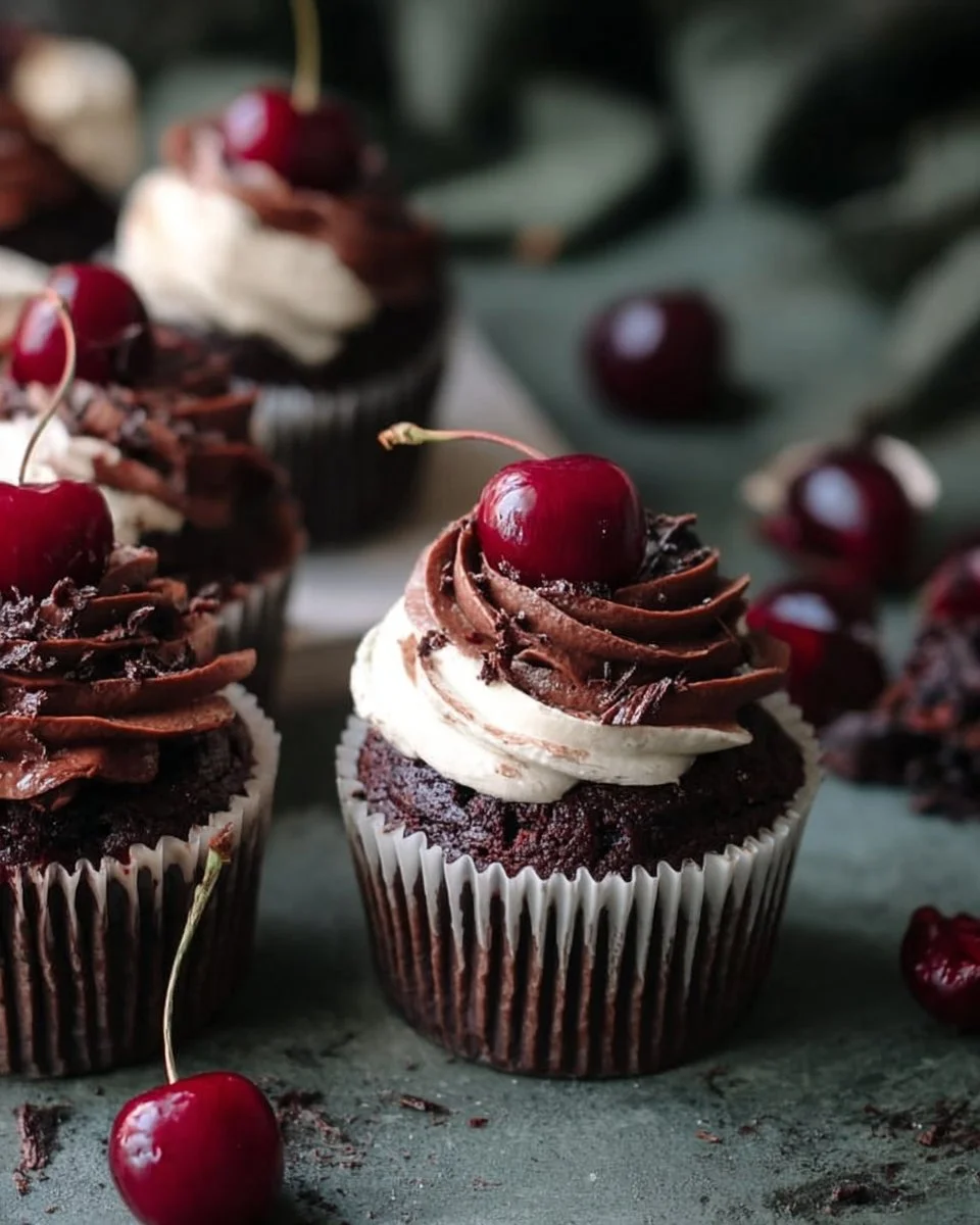 Delicious chocolate cherry cupcakes topped with cherry slices and chocolate frosting.