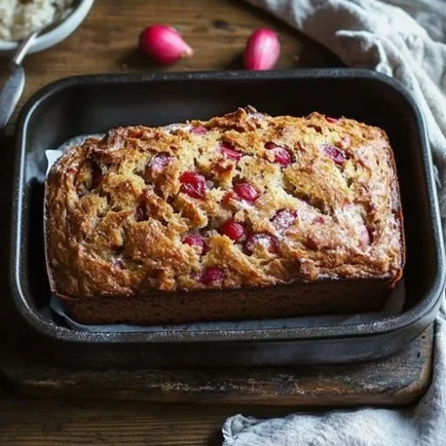 Freshly baked Cinnamon Rhubarb Bread on a wooden table