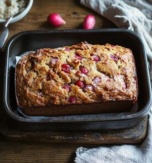 Freshly baked Cinnamon Rhubarb Bread on a wooden table