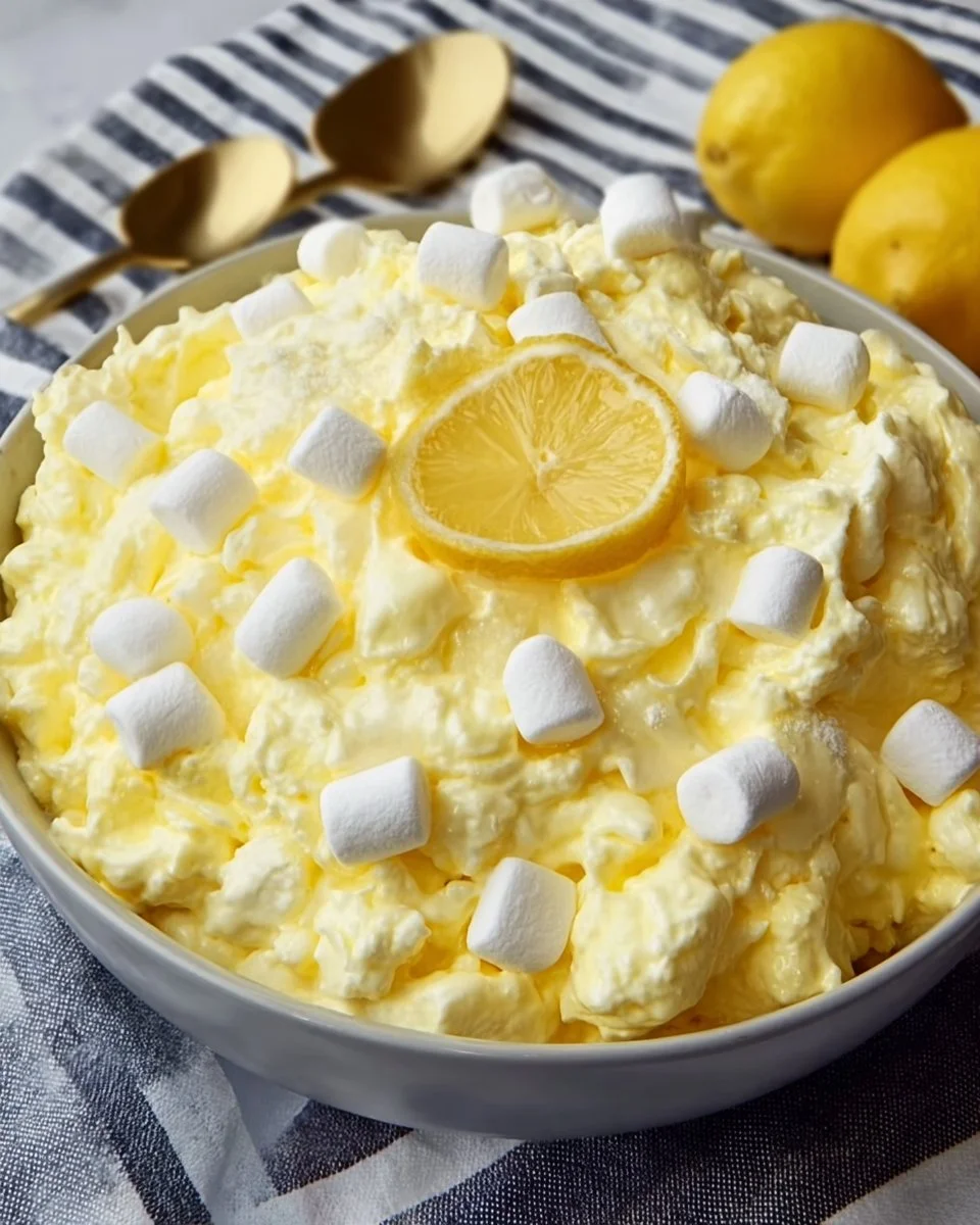 Classic Lemon Fluff Salad 1 A vibrant bowl of Classic Lemon Fluff Salad made with lemon, whipped cream, and marshmallows.