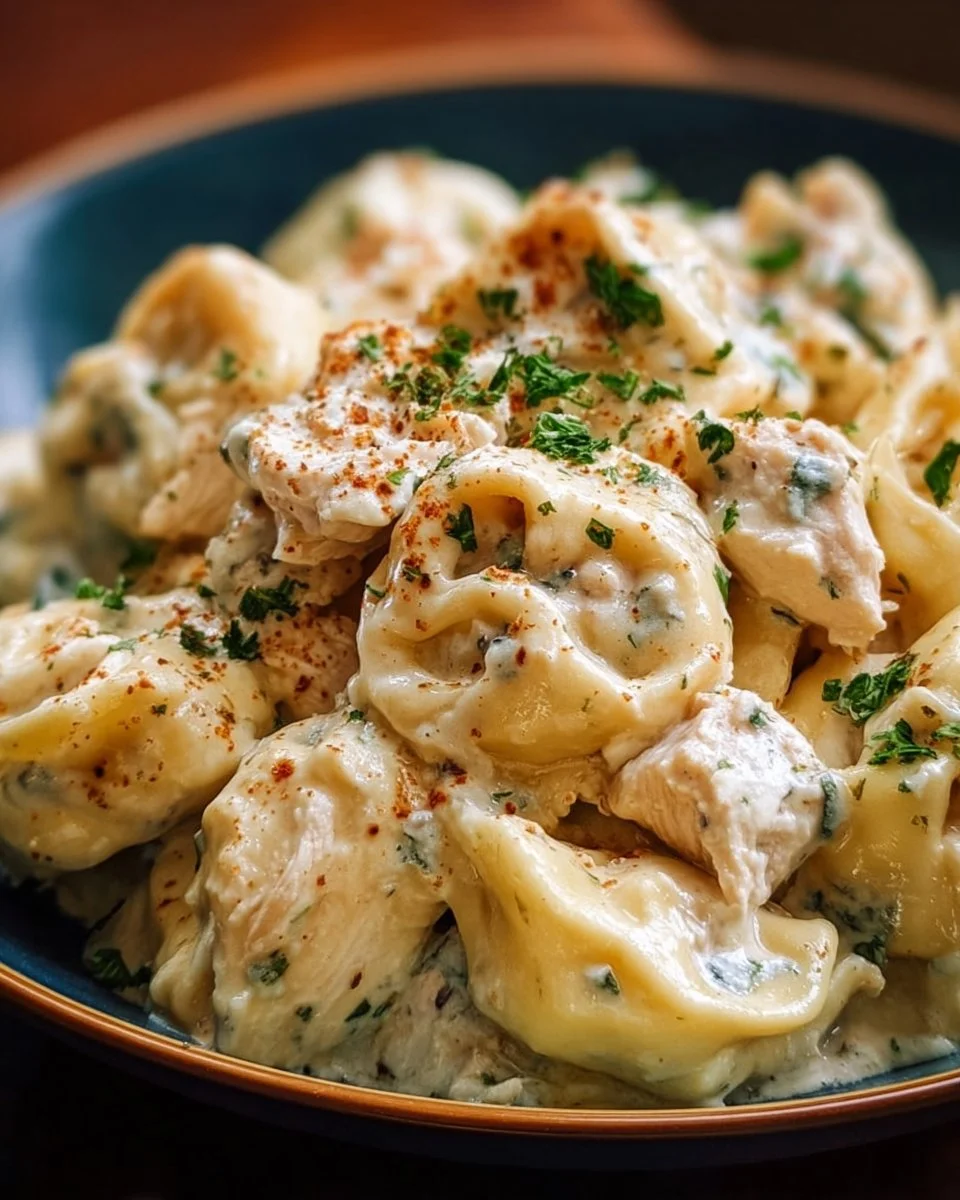 Creamy Crockpot Chicken Tortellini 1 Creamy crockpot chicken tortellini served in a bowl with herbs