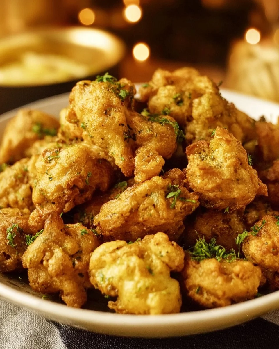Crispy cauliflower bites served with creamy dill yogurt dip on a plate