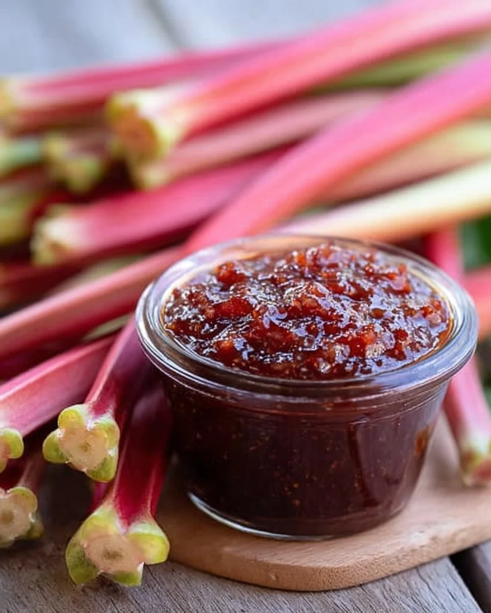 Dairy-Free Rhubarb Balsamic Reduction 1 Dairy-free rhubarb balsamic reduction served in a small bowl with fresh rhubarb