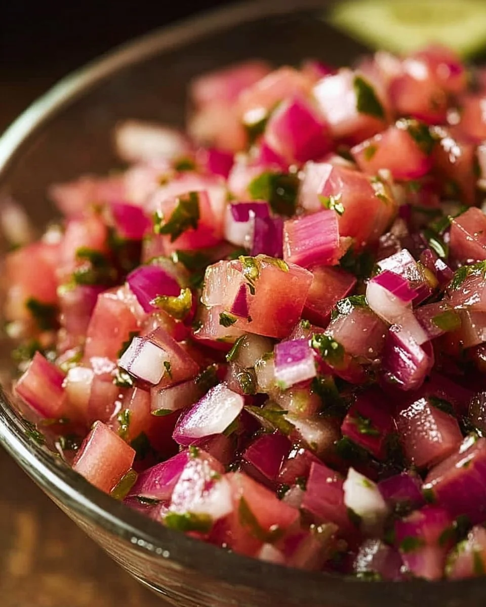 A vibrant bowl of fresh rhubarb salsa with colorful ingredients