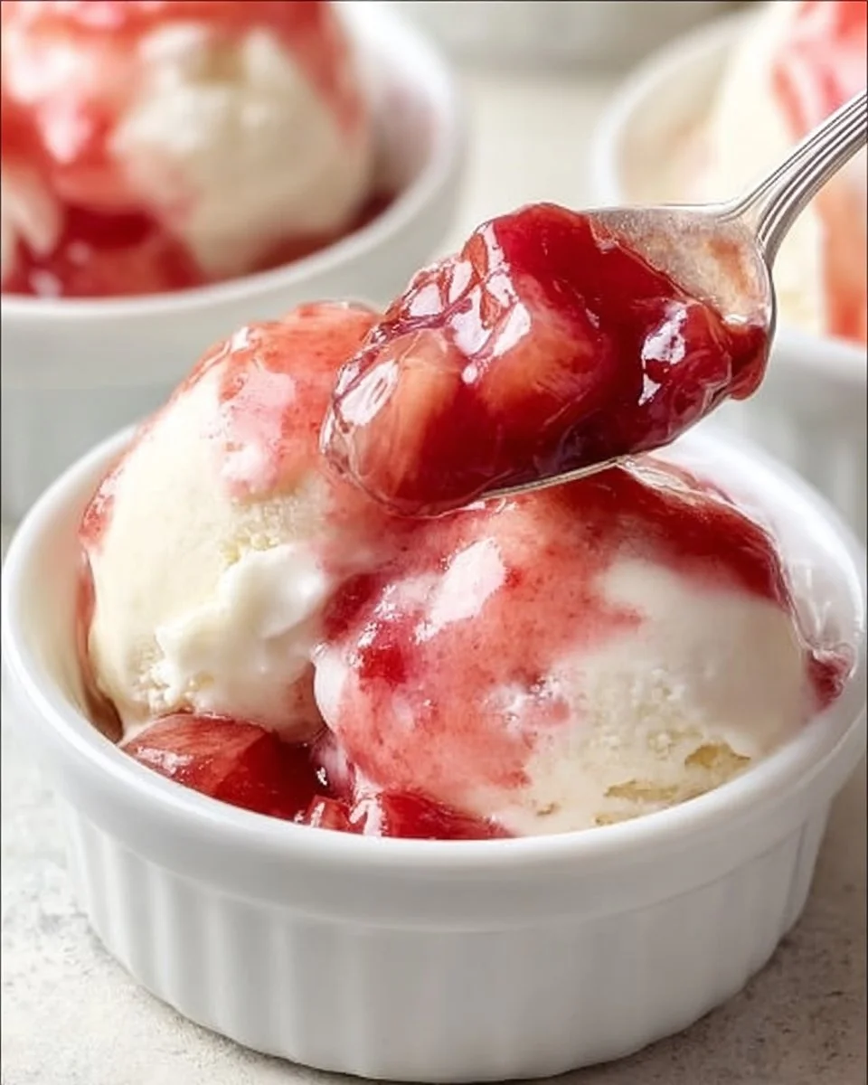 Fresh rhubarb sauce served over ice cream