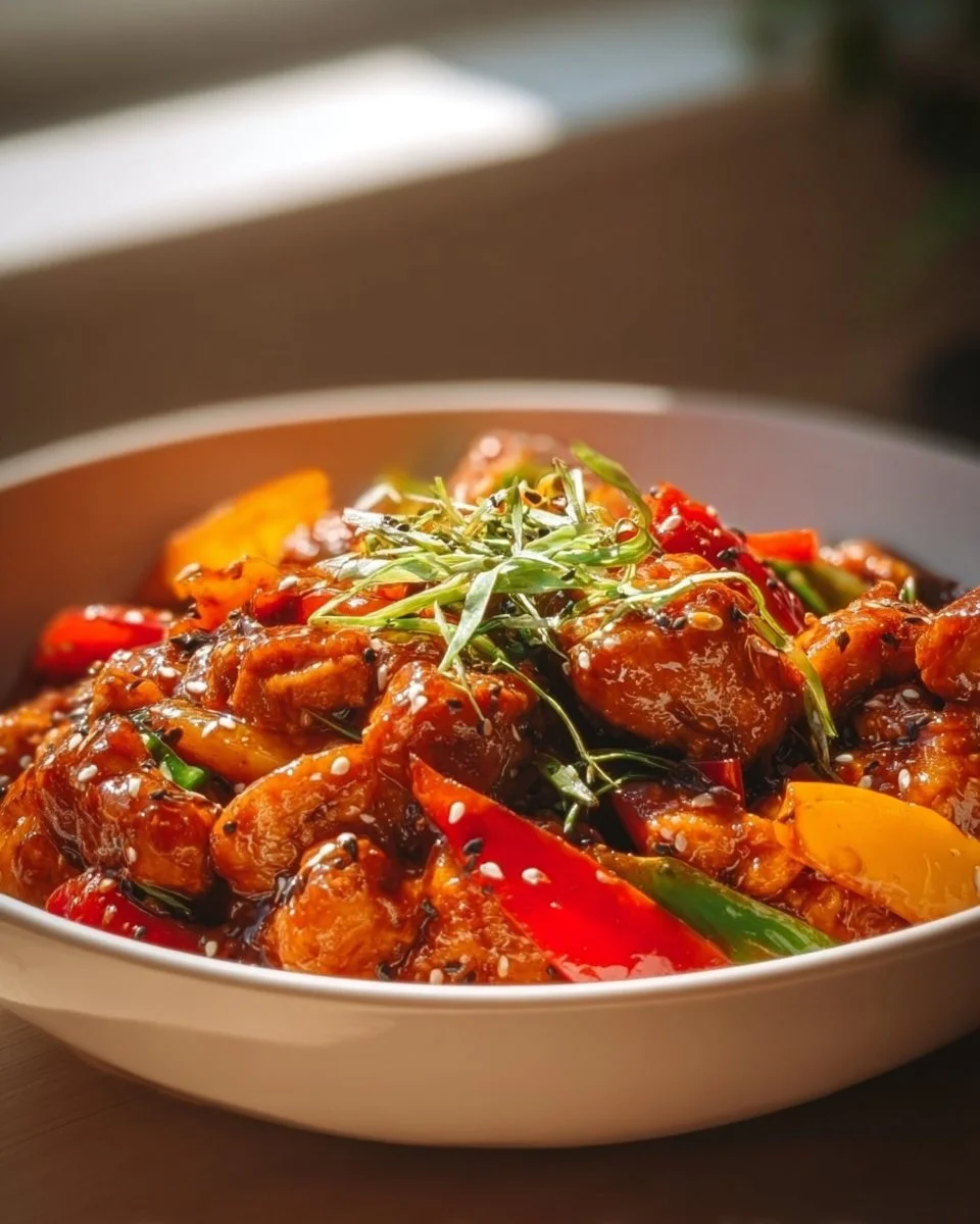 Delicious Gochujang Garlic Chicken stir fry served with colorful vegetables