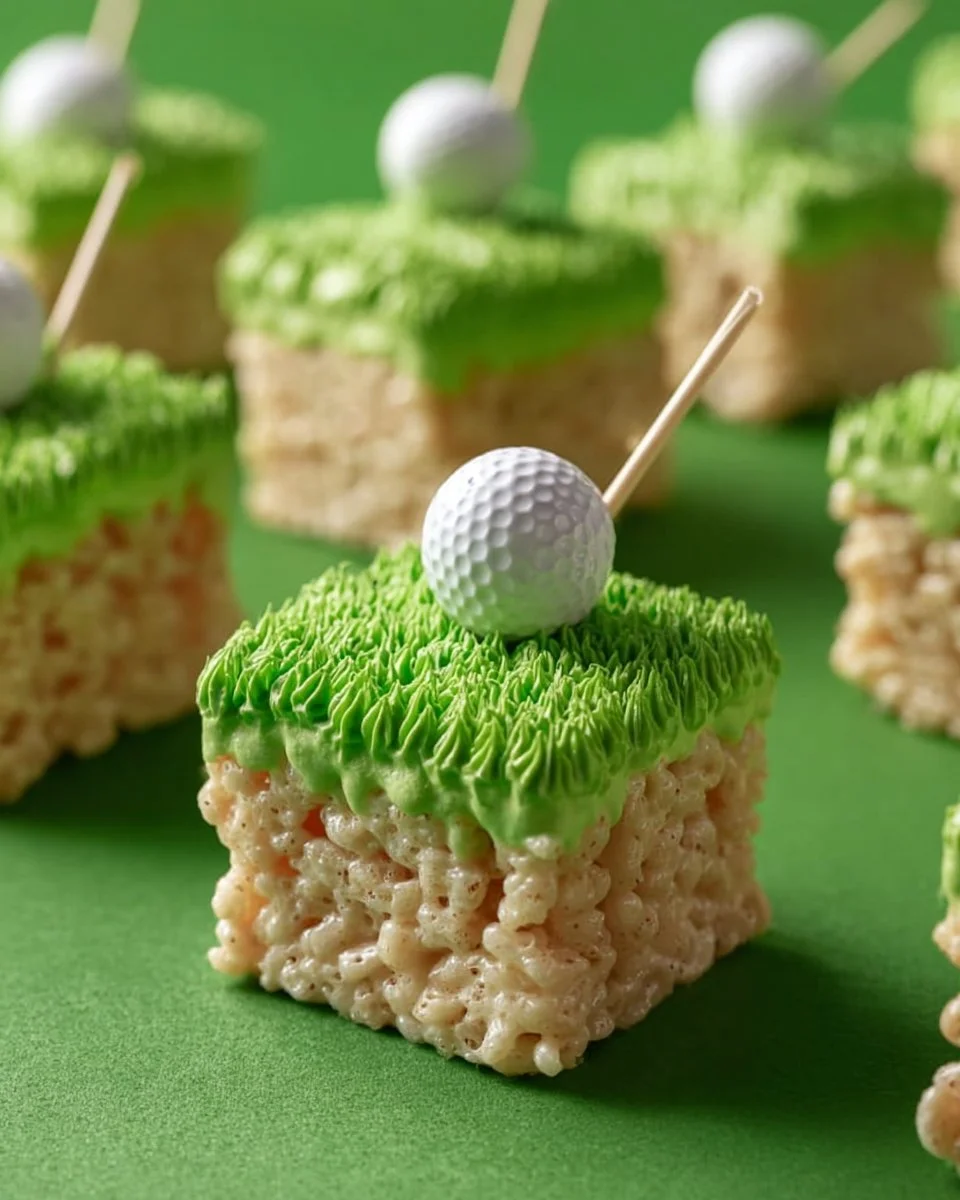 Homemade Golf Rice Krispies treats shaped like golf balls and tees