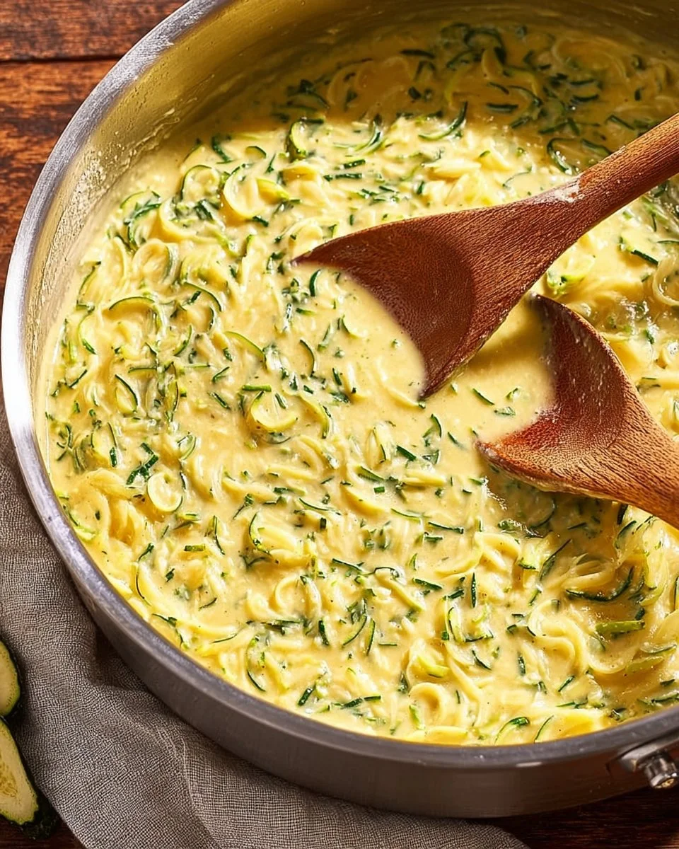 Bowl of irresistible zucchini sauce served with fresh herbs and pasta