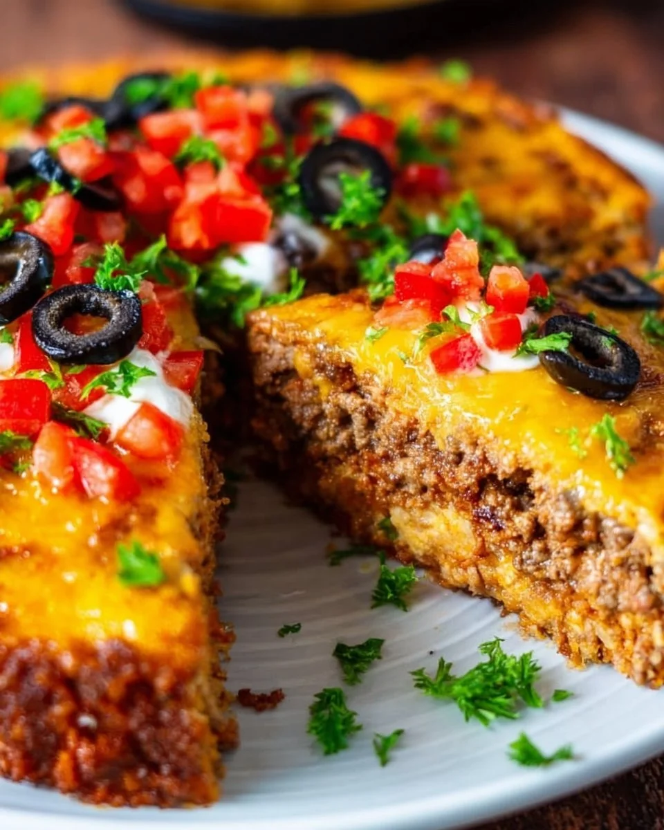 Keto Taco Pie 1 Delicious Keto Taco Pie served on a plate with toppings