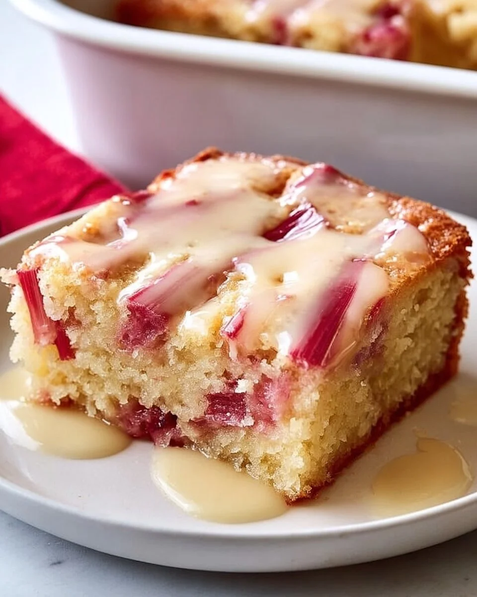 Moist rhubarb cake with butter sauce on a white plate